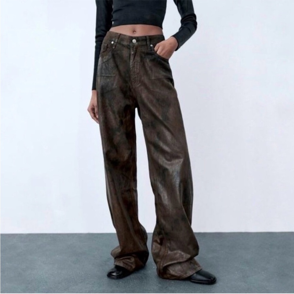 Zara dark Brown/black splotch loose fit foil jeans Sz 4.